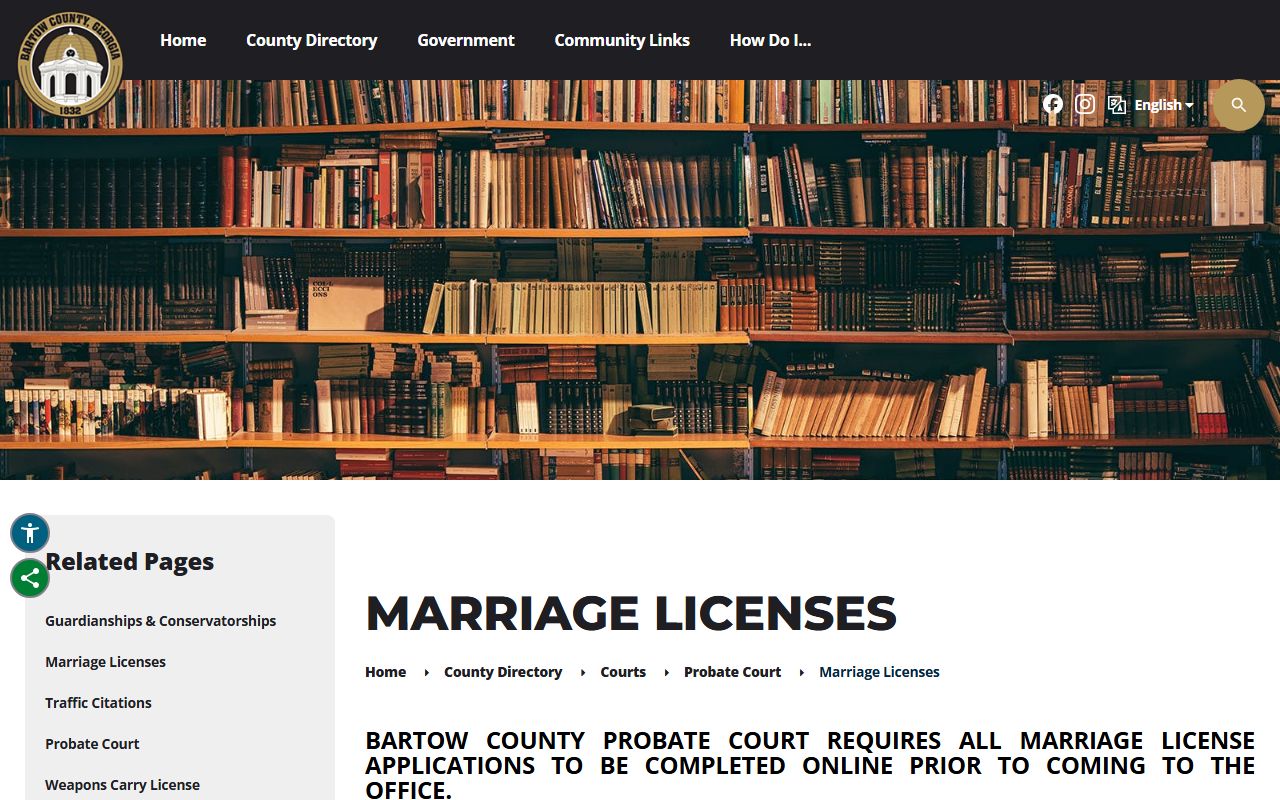 Bartow County marriage records Probate Court marriage license instructions