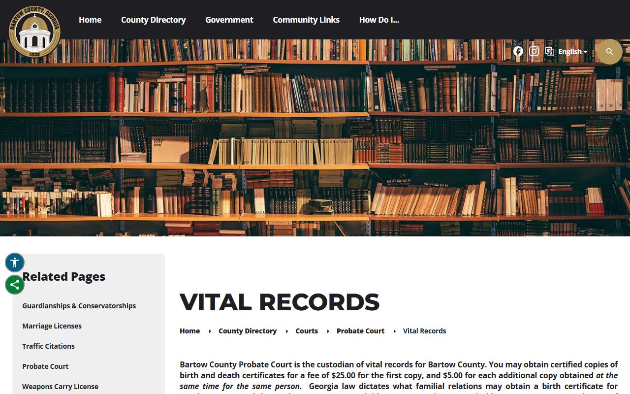Bartow County probate records vital records fee and eligibility page